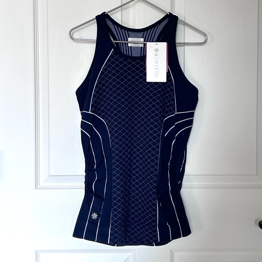 Athleta Finish Fast Line Tank Top Navy Blue White Seamless Racerback Sz Med NWT